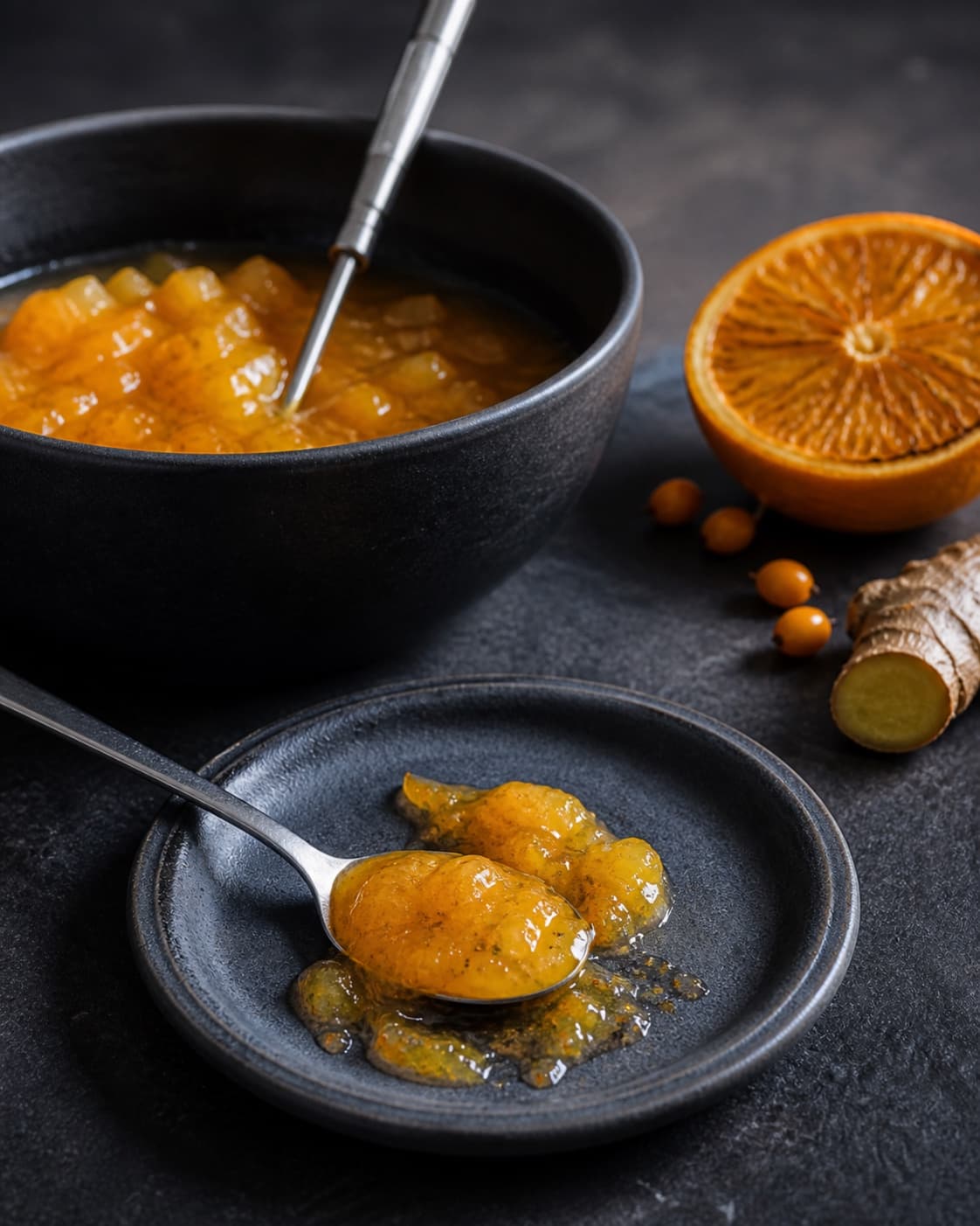 Blank appelsinmarmelade rynker på en kold sort tallerken med gryde og termometer i baggrunden