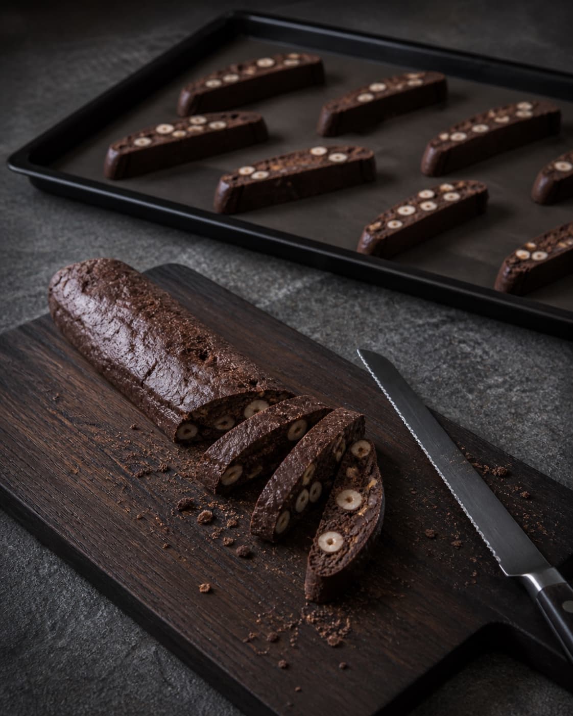Førstebagt mørk biscotti-stang skæres diagonalt med savkniv, og skiver med hele hasselnødder lægges på plade