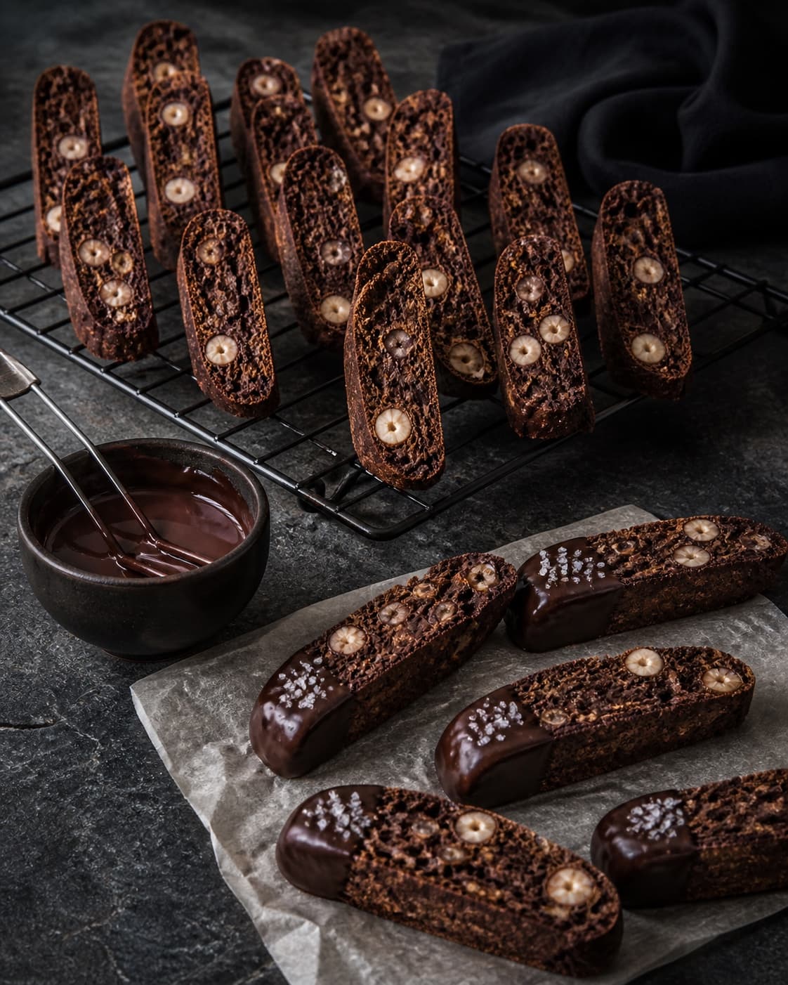 Sprøde mørke rugbiscotti køler oprejst på rist, mens kolde stykker dyppes tyndt i mørk chokolade og flagesalt
