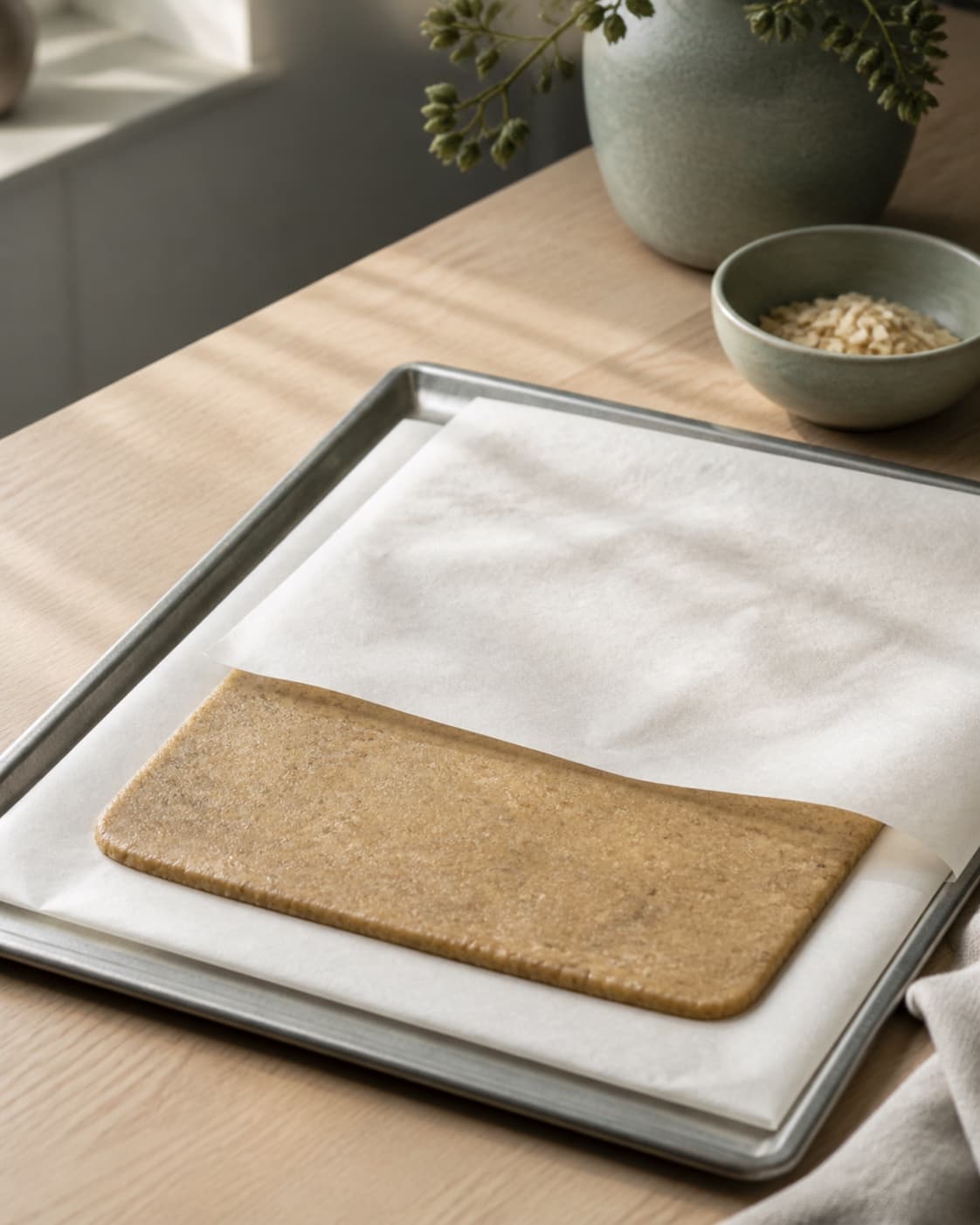 en flad rektangulær pakke småkagedej mellem to ark bagepapir på en metalbakke, tydeligt kold og fast; kontroltegnet er dejen er fast, flad og bøjer kun let uden fedtet overflade