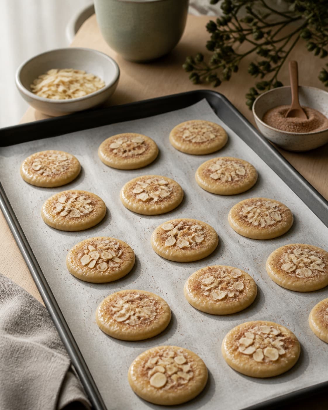 rå runde småkager på bagepapir, tyndt penslet med æg og jævnt drysset med kanelsukker og mandelflager; kontroltegnet er toppingen ligger i et tyndt jævnt lag uden ægpytter