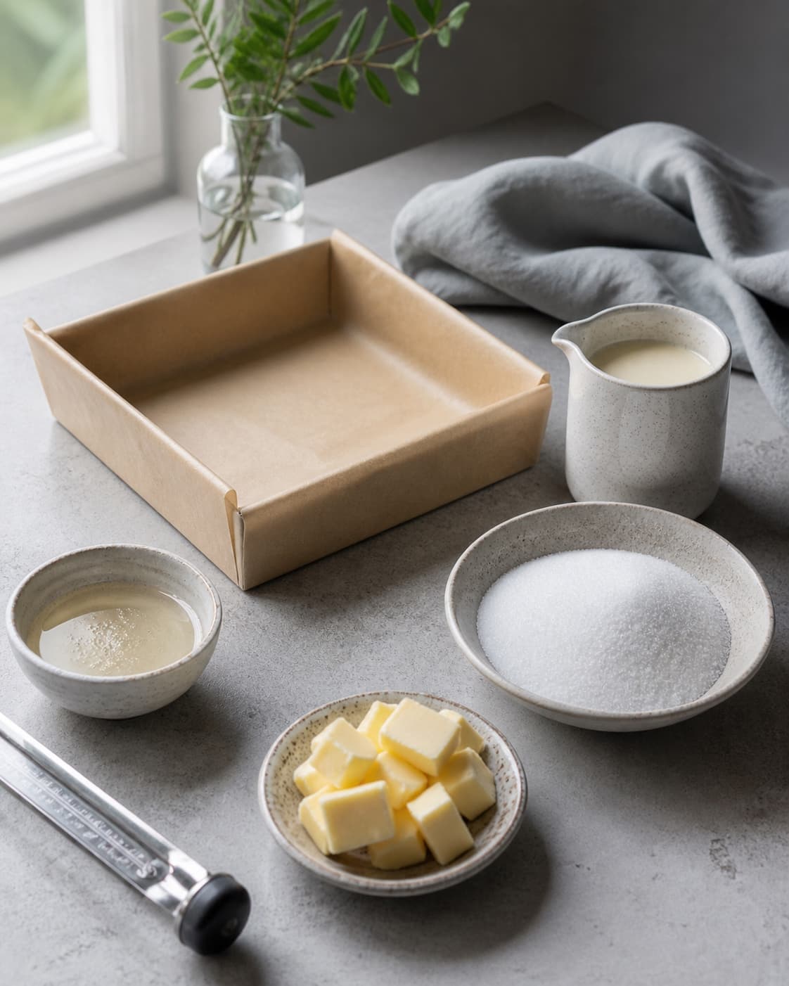 en præcist afvejet karamel-mise-en-place med papirbeklædt firkantet form, fløde, sukker, sirup, smør og termometer; kontroltegnet er formen er helt klar, og alle råvarer står afmålt før sukkeret varmes