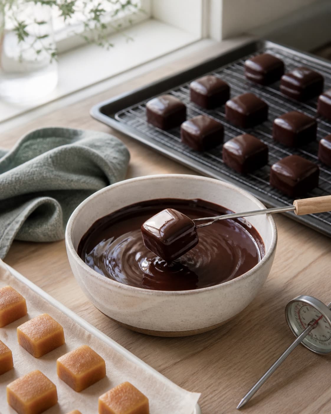 kolde karamelfirkanter der dyppes i blank mørk chokolade ved siden af termometer og en rist med nysatte stykker; kontroltegnet er chokoladeskallen er tynd, blank og fast uden brede fødder