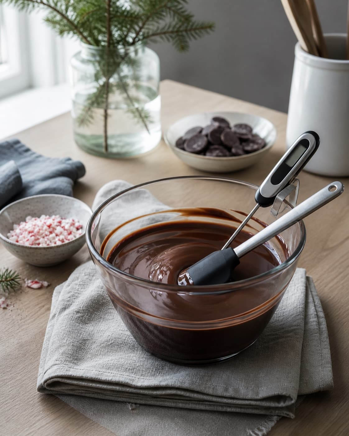 en lille skål med blank mørk tempereret chokolade, termometer og spatel, uden konfekt i skålen endnu; kontroltegnet er chokoladen er blank, flydende og præcis i arbejdstemperatur
