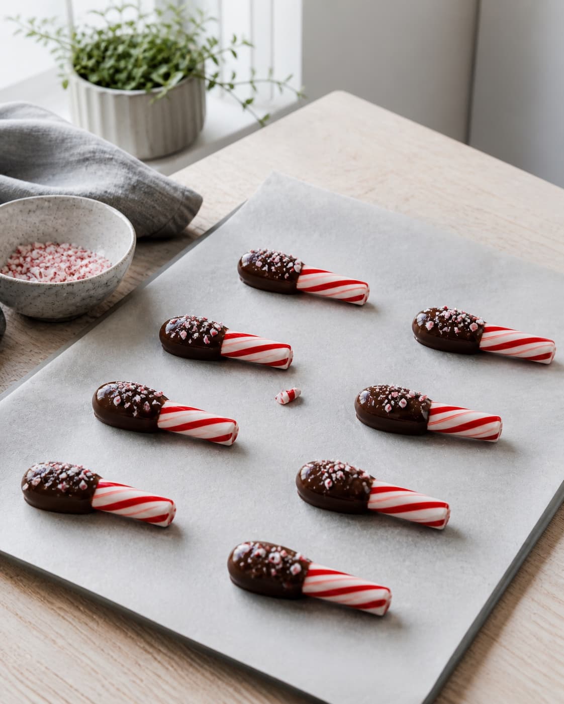 færdigdyppede chokoladepinde der sætter med god afstand på bagepapir, med fast blank skal og tørre kanter; kontroltegnet er chokoladen er fast, blank og uden fingeraftryk eller grå striber