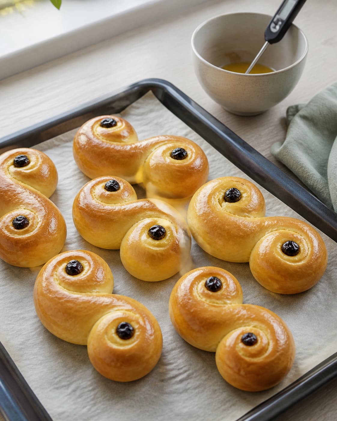 gyldne lussekatter på bageplade med tydelige S-former, blank overflade, rosiner og termometer i én bolle; kontroltegnet er bollerne er blankt gyldne, holder s-formen og har mindst 94 °c i midten
