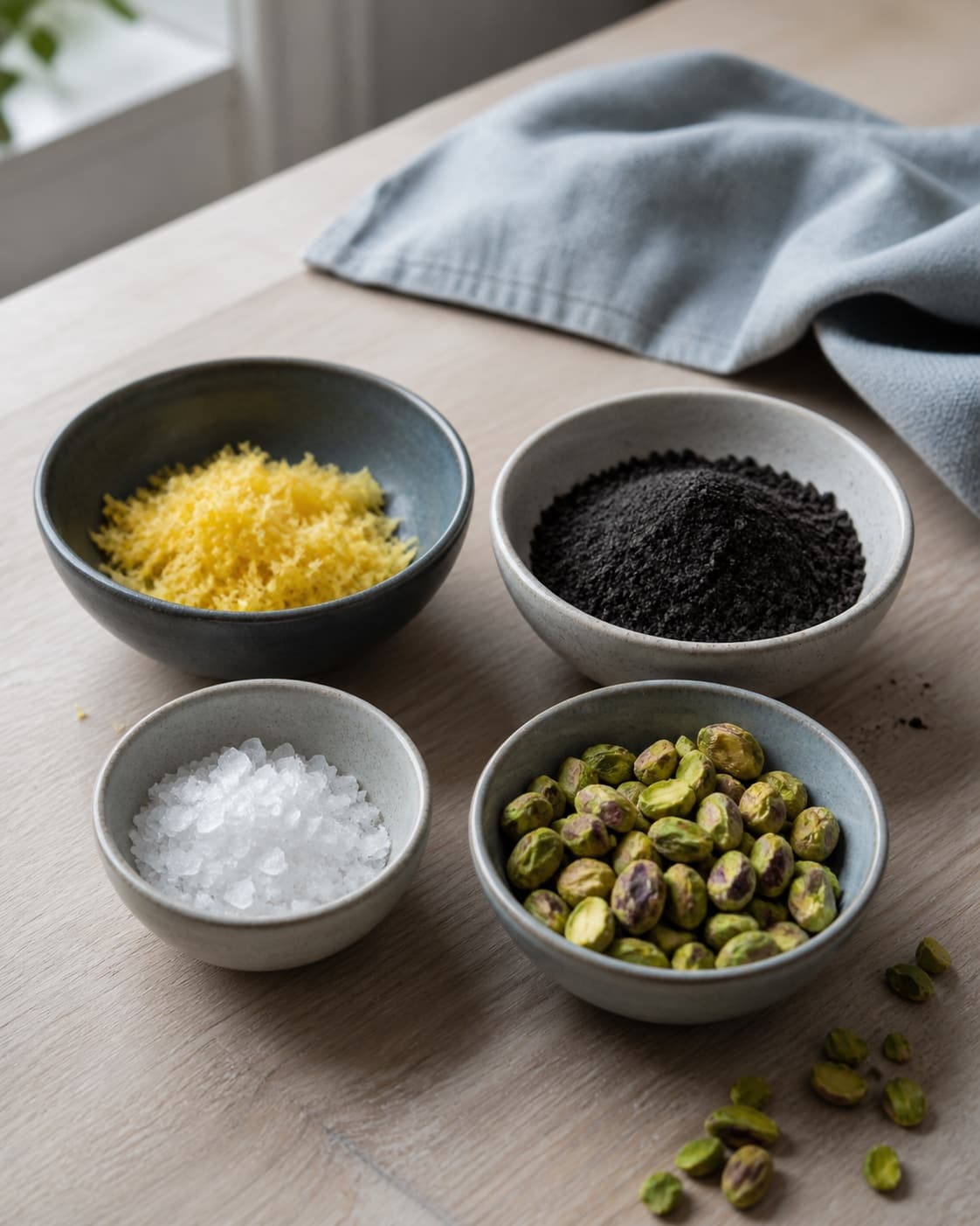 tør citronskal, sigtet sort lakridspulver, flagesalt og grønne pistacier i fire små adskilte skåle; kontroltegnet er alle toppings er tørre, adskilte og uden klumper