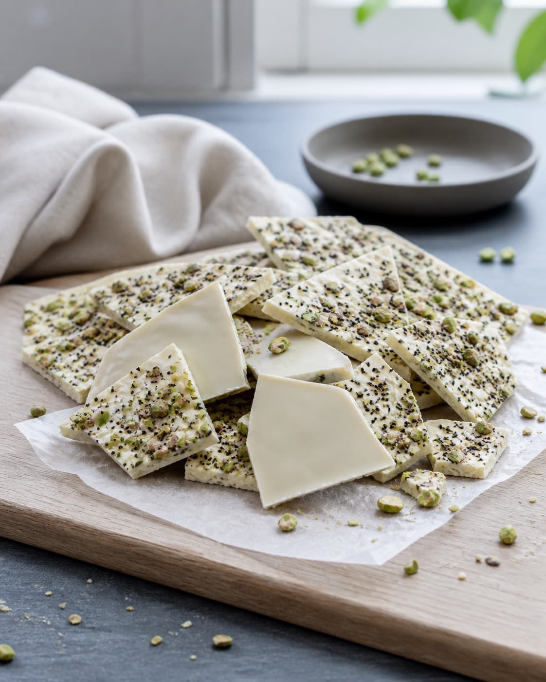 en fast hvid chokoladeplade der netop er brækket i ujævne rene stykker med tydelig topping og blank underside; kontroltegnet er bruddene har blank underside og et tørt rent knæk