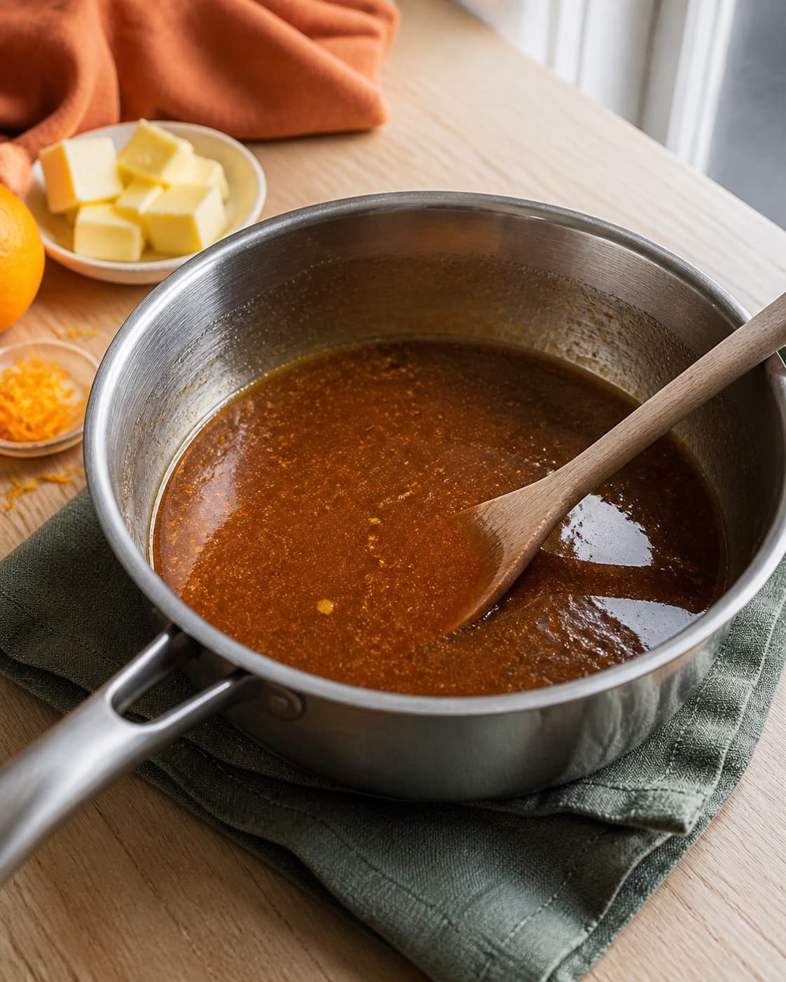 blank varm mørk krydderbase i en gryde med smør, sirup og appelsinskal uden synligt måleudstyr; kontroltegnet er basen er blank, krydret og uden sukkerkorn