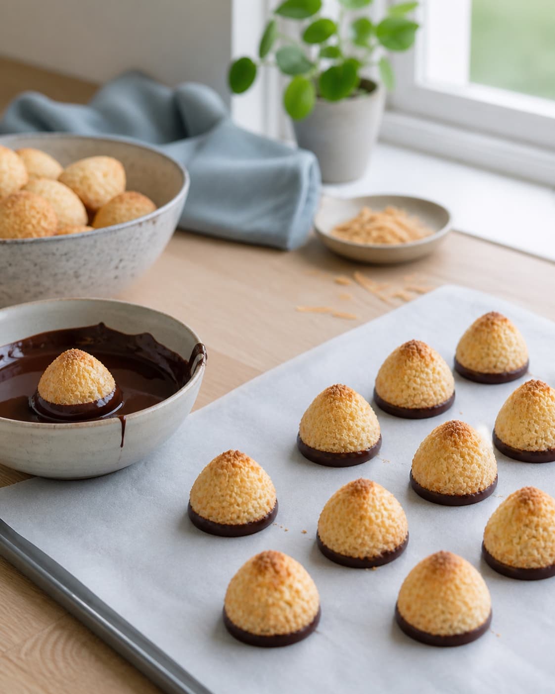 helt kolde kokostoppe dyppes kun i bunden i blank mørk chokolade og sættes på bagepapir; kontroltegnet er hver top har en tynd blank chokoladebund uden bred fod