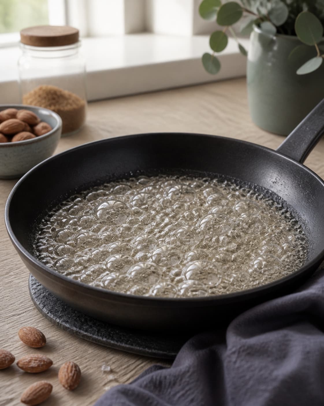 klar krydret sukkersirup med store blanke bobler i en bred mørk pande; kontroltegnet er siruppen er klar, blank og uden sukkerkorn på kanten