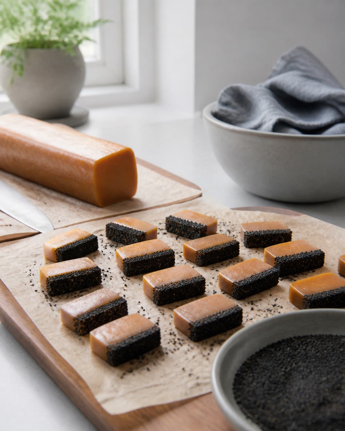 ens rektangulære lakridskarameller hvor kun én bred side presses i fint sort saltlakridsdrys; kontroltegnet er hvert stykke har ren ravsort snitflade og én jævn sort kant