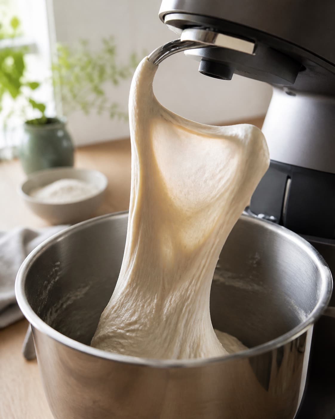blank elastisk våd bolledej strakt til en tynd glutenrude over røremaskinens dejkrog; kontroltegnet er dejen er blank, elastisk og danner en næsten gennemsigtig glutenrude