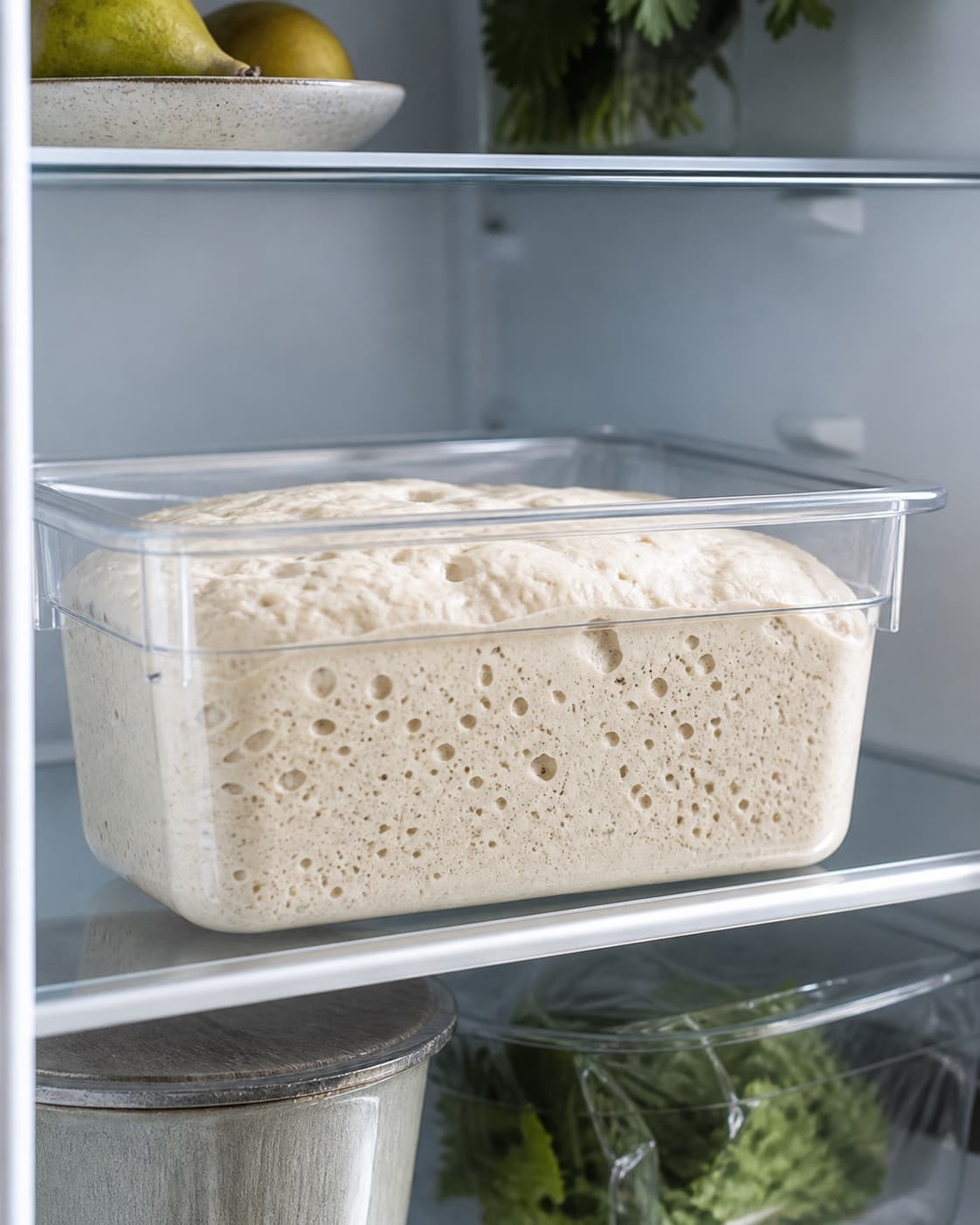 koldhævet våd dej med store naturlige bobler i en gennemsigtig dejkasse i køleskab; kontroltegnet er dejen er luftig med synlige bobler og cirka halvanden gange sin startstørrelse