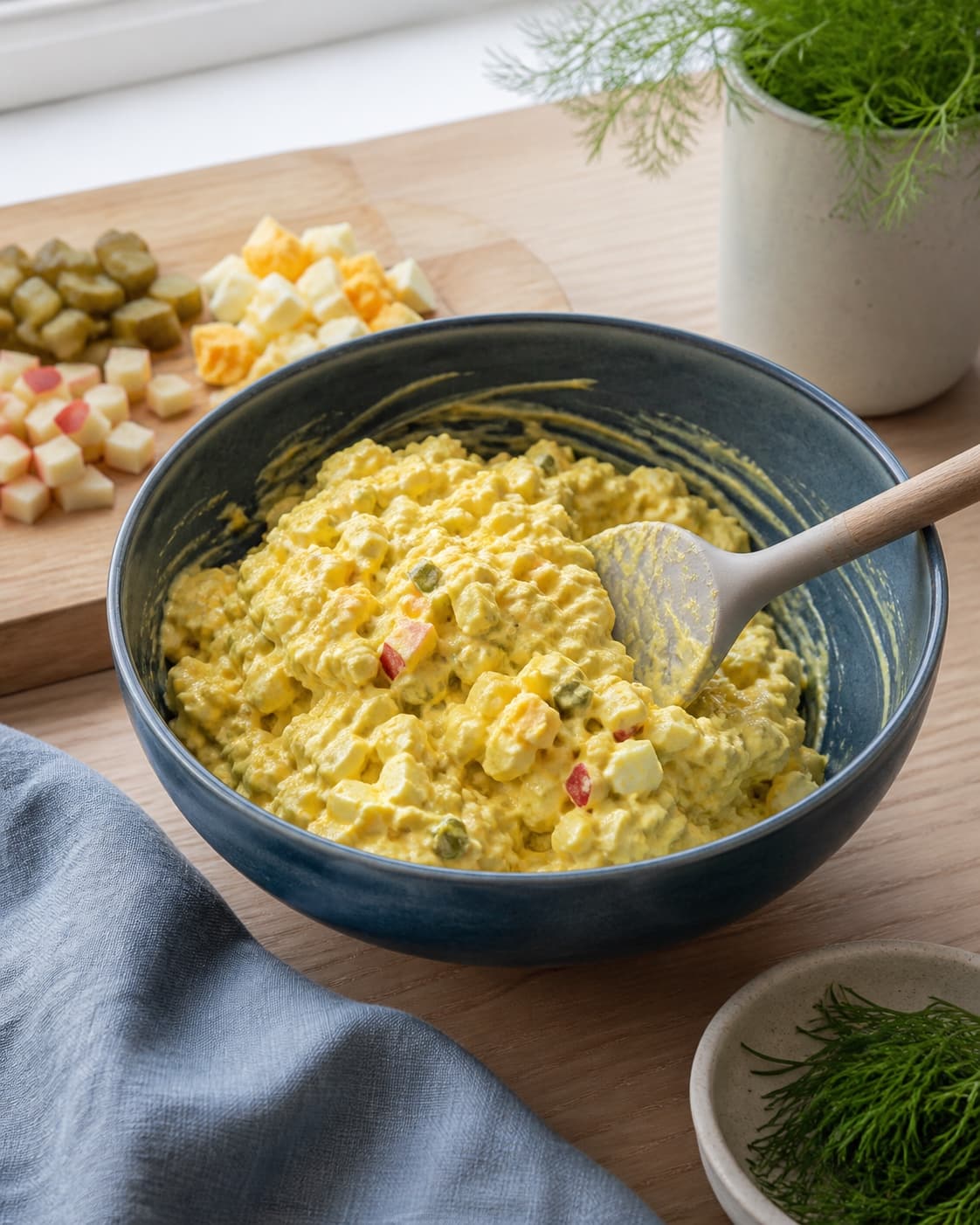 karrysalat foldes nænsomt med tydelige æg- og æbletern og sættes i en kold skål med dild ved siden af; kontroltegnet er æg og grønt er tydelige i dressingen, som ikke har frigivet vand