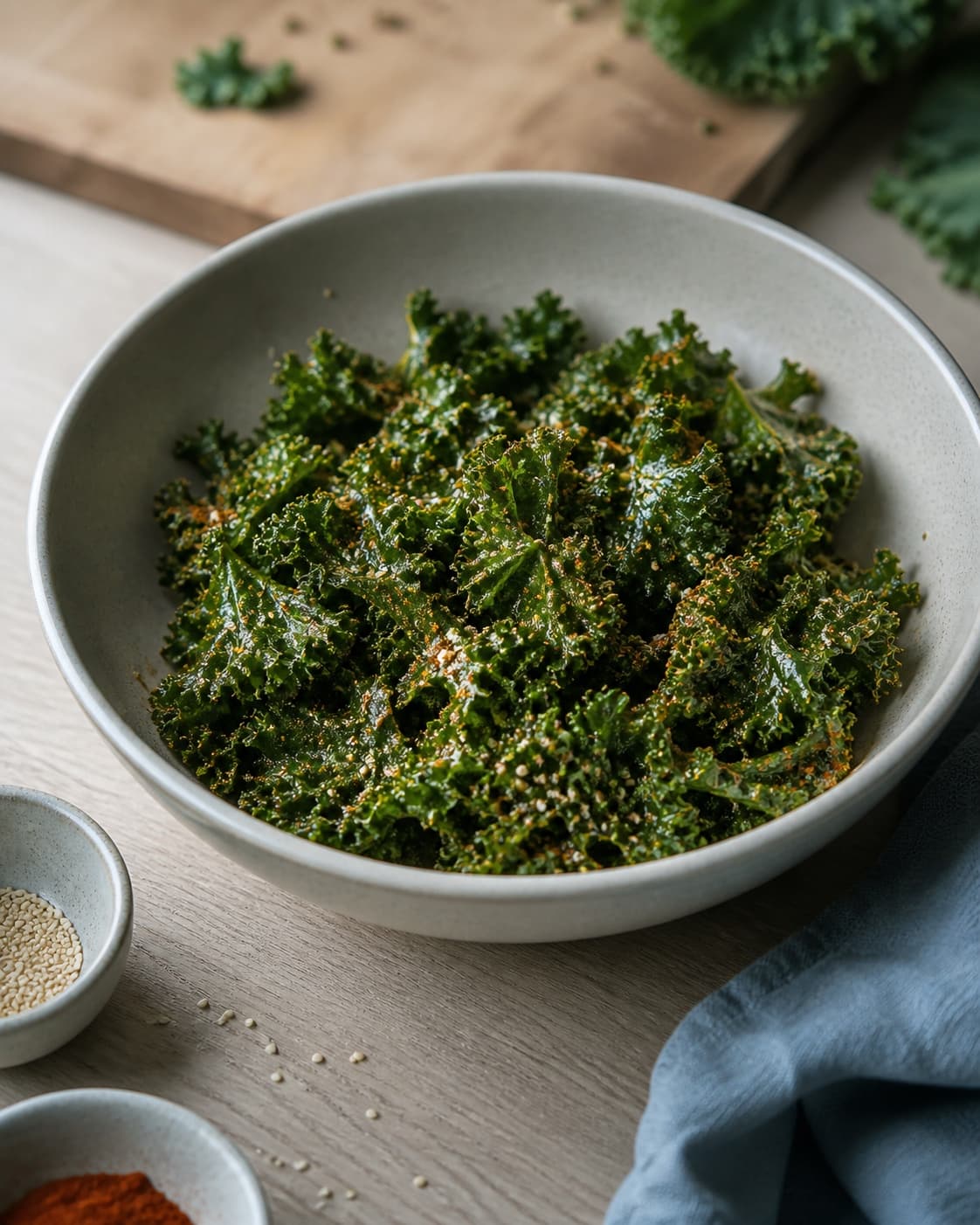 tør grønkål i stor skål med kun en tynd olieglans, sesamfrø og røget paprika jævnt fordelt; kontroltegnet er bladene har en meget tynd ens glans uden olie i skålens bund
