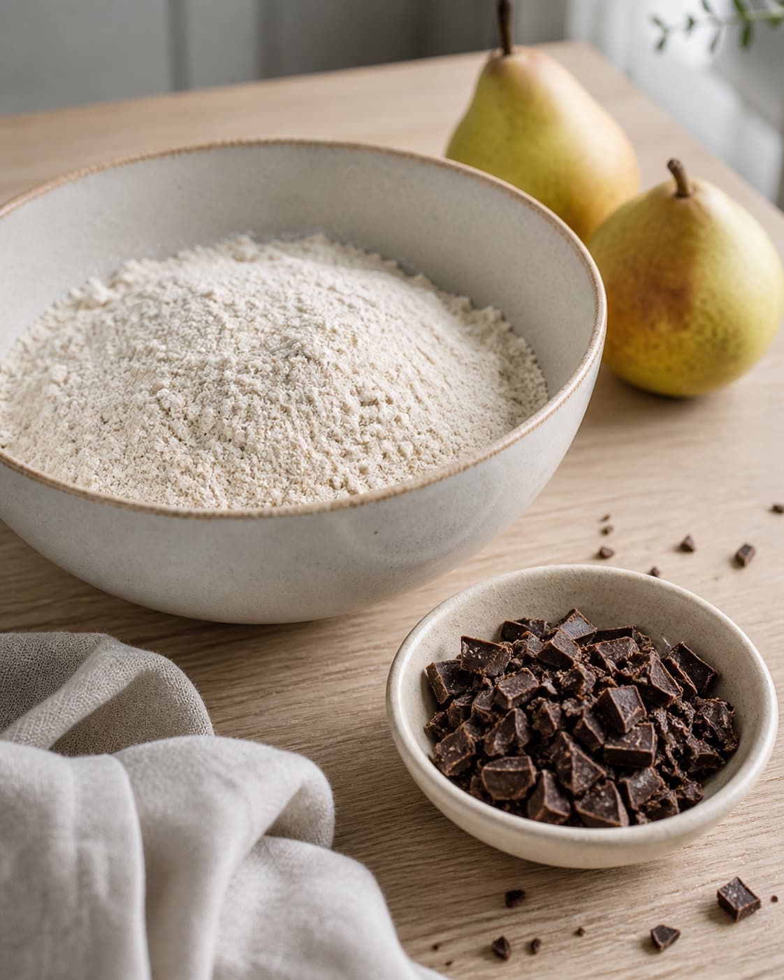 lys melblanding med jævnt fordelt kardemomme ved siden af grofthakket mørk chokolade; kontroltegnet er bagepulver og krydderi er fordelt, og chokoladen har tydelige stykker