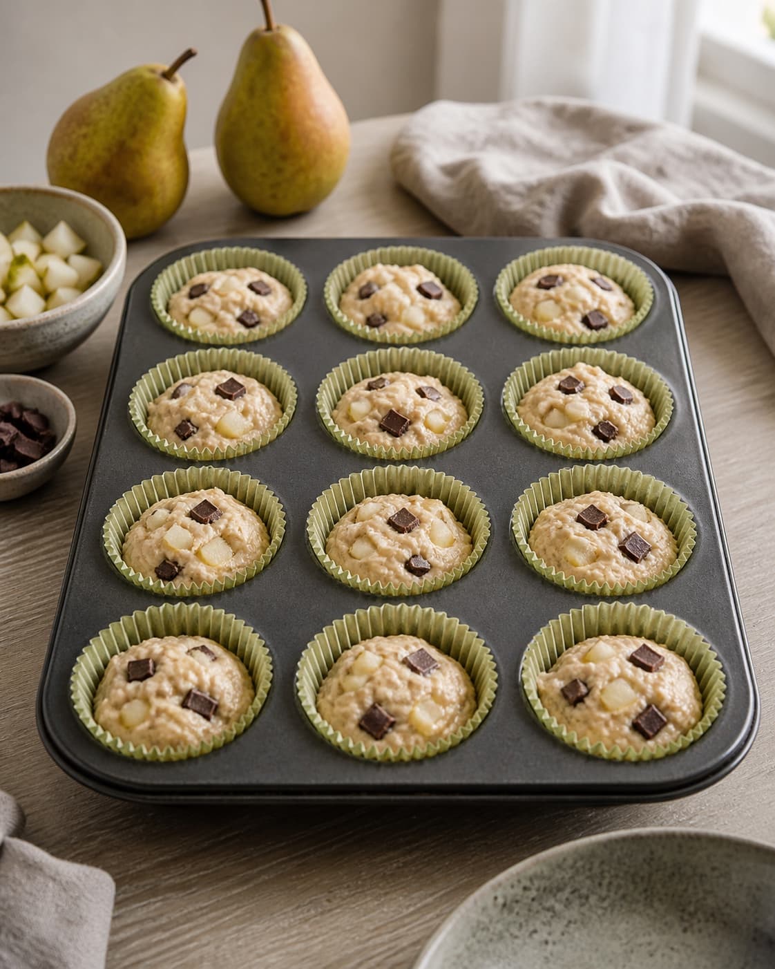 tolv muffinforme fyldt ens tre fjerdedele med tyk dej og synlige pæretern og chokoladestykker; kontroltegnet er hver form har samme mængde og synlige pære- og chokoladestykker