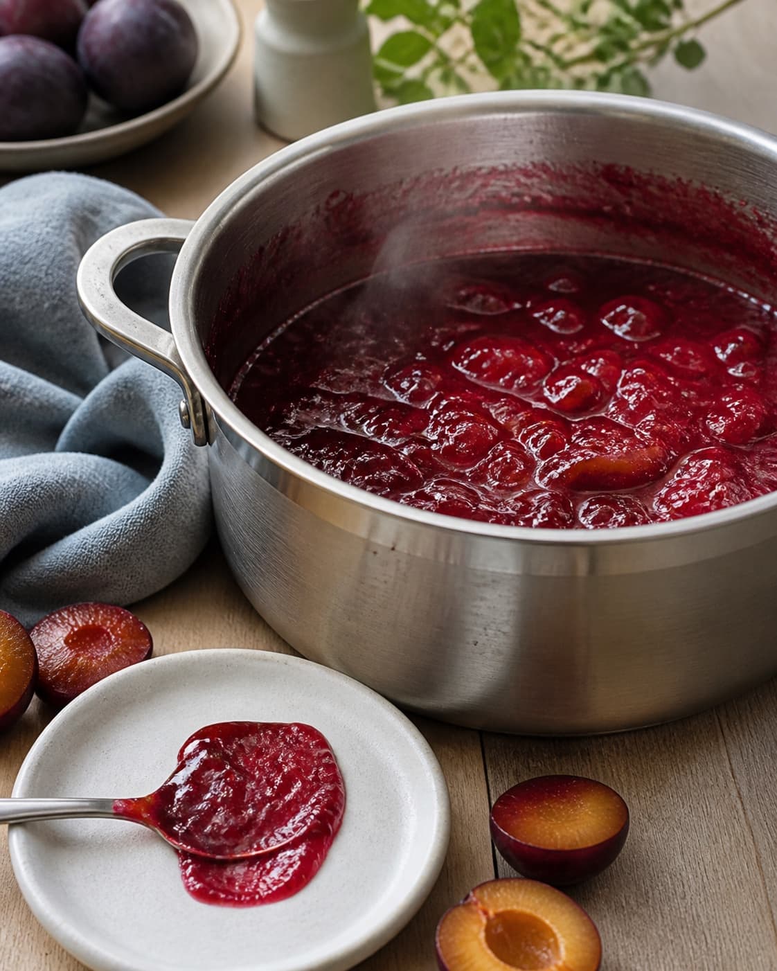 blank dybrød blommemarmelade, der bobler i en bred gryde med møre frugtstykker, ved siden af en rynkende prøve på en kold tallerken; kontroltegnet er marmeladen er blank dybrød med møre stykker og cirka 104 °c