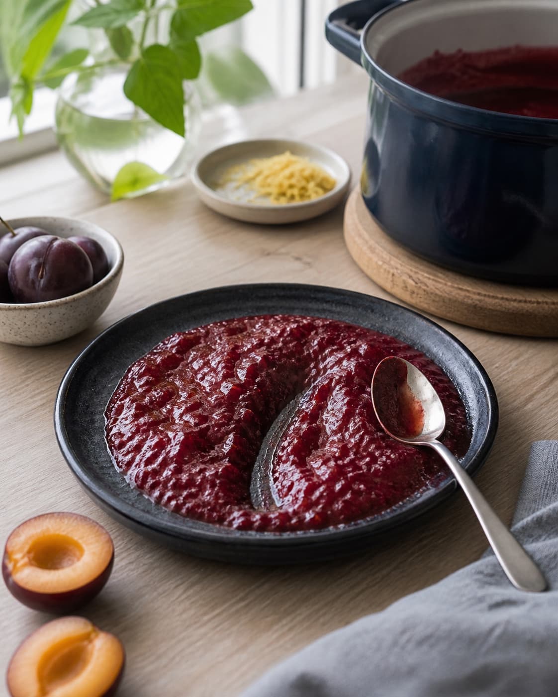 dybrød blommemarmelade rynker let på en iskold mørk tallerken med et tydeligt åbent ske-spor; kontroltegnet er marmeladen rynker blødt og flyder ikke straks sammen