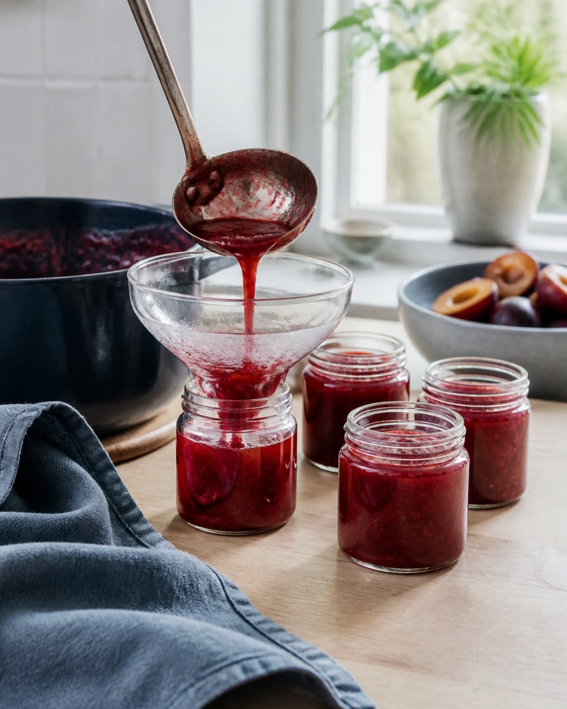varm blommemarmelade fyldes gennem ren tragt i varme glas, som derefter står klar til hurtig køling; kontroltegnet er glassene er rene, ens fyldt og højst 5 °c inden for 2 timer