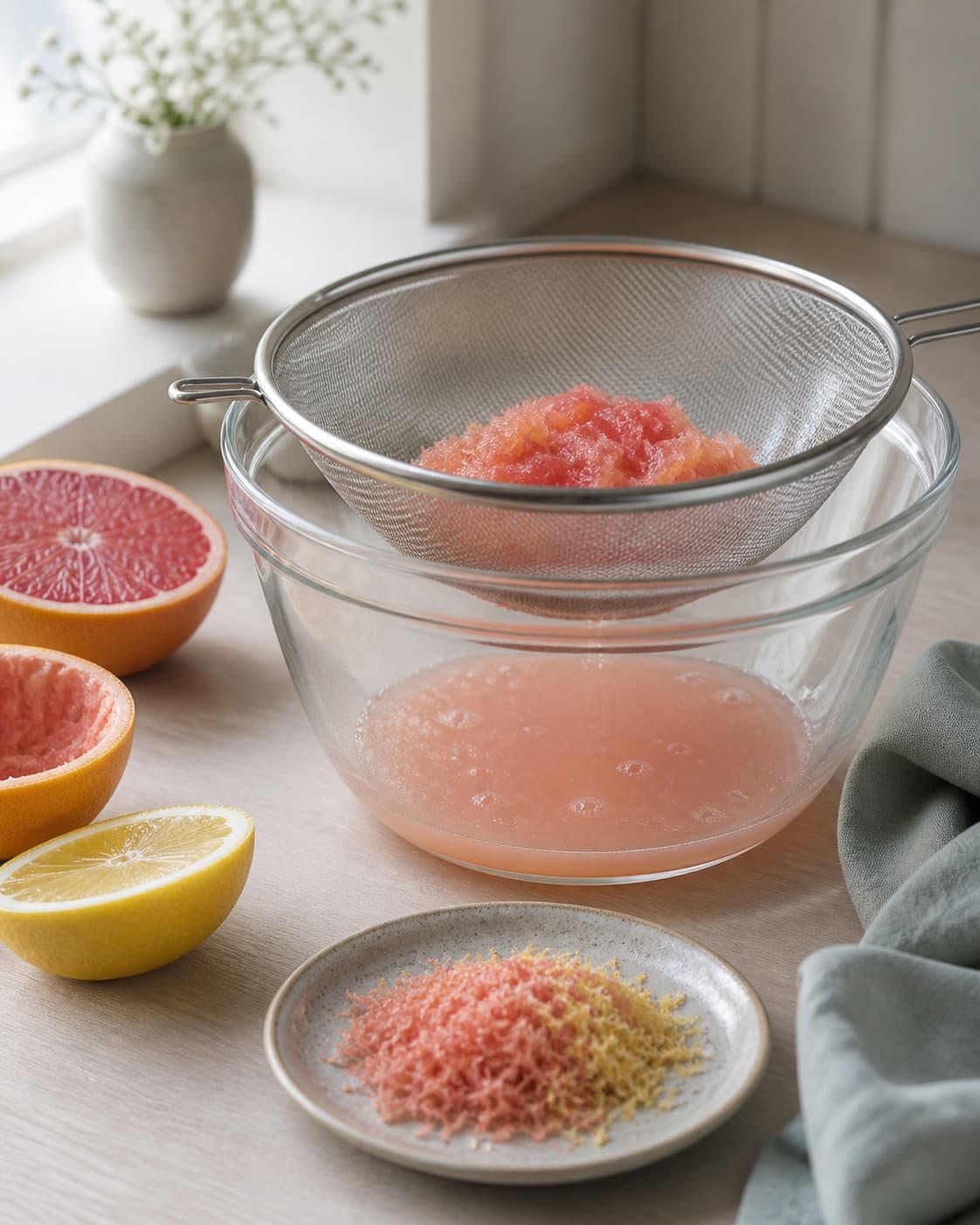 ruby grapefrugt og citron presses gennem fin sigte med præcis afmålt rosa saft og fin zest; kontroltegnet er saften er fri for kerner og bittert hvidt væv, mens zesten er fin