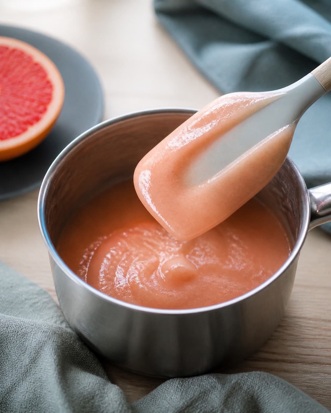 silkeblød rosa grapecurd i en gryde og på en spatel, hvor et bredt rent spor i cremen ikke løber sammen; kontroltegnet er cremen dækker spatlen, og et fingerbredt spor lukker ikke