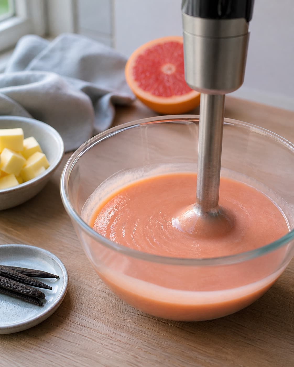 siet rosa grapecurd emulgeres med kolde smørtern af en nedsænket stavblender uden luftskum; kontroltegnet er curden er blank, ensartet og uden smørøer eller luftskum