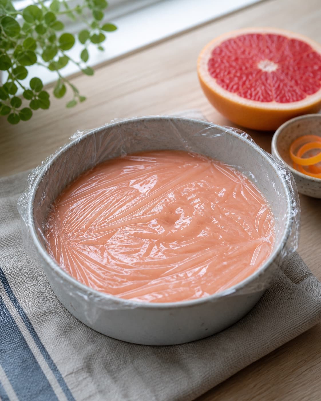 blank rosa grapecurd i en lav ren beholder dækkes direkte på overfladen før hurtig køling; kontroltegnet er curden er kold, tyk og helt uden skind på overfladen
