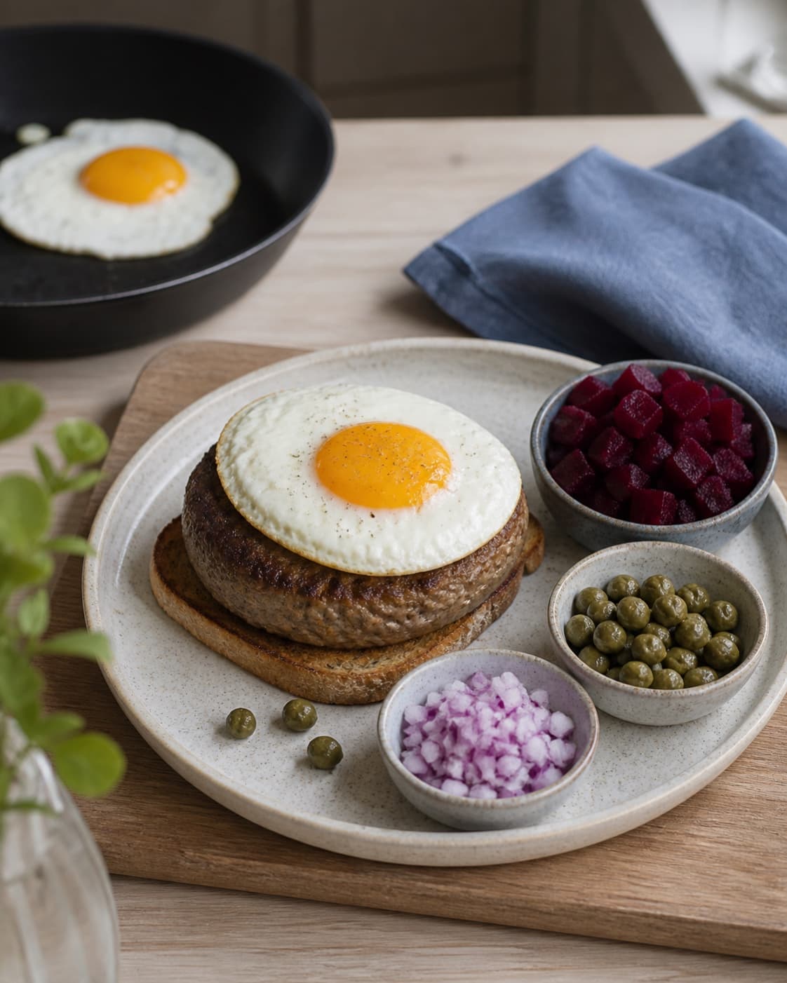 færdigstegte pariserbøffer samles med æg med helt sat hvide og separate små zoner af rødbede, kapers og løg; kontroltegnet er æggehviden er fast, og de kolde toppings ligger adskilt på den varme bøf