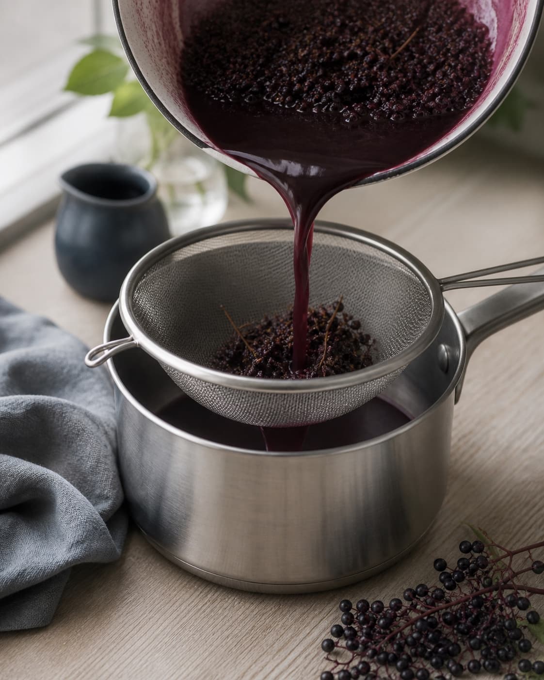 dybviolet kogt hyldebærsuppe presses gennem fin sigte til en ren gryde uden kerner eller plantedele; kontroltegnet er suppen er glat og fri for kerner, stilke, skind og blade