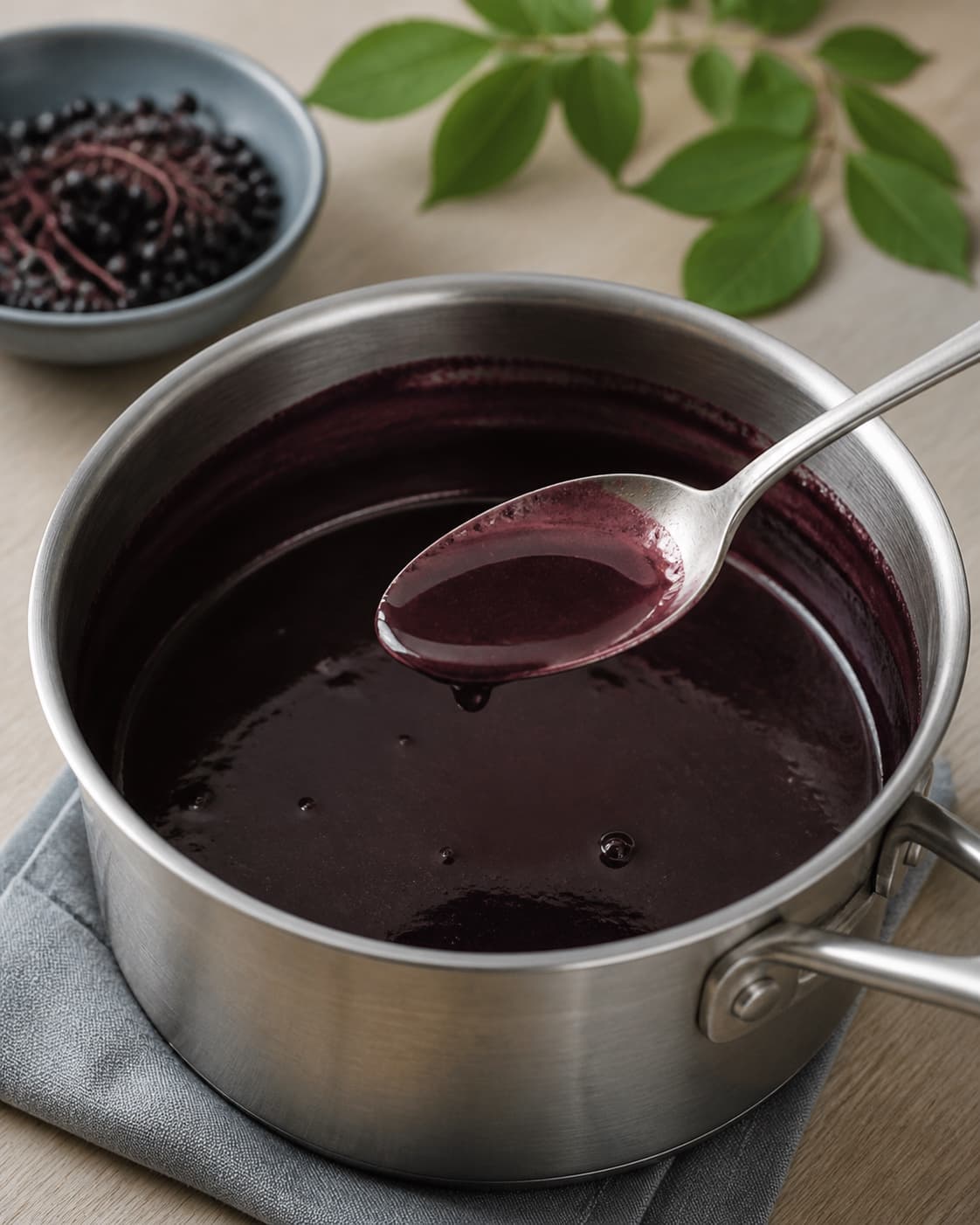 blank dybviolet hyldebærsuppe jævnes med kartoffelmelsvæske og dækker bagsiden af en ske; kontroltegnet er suppen er let blank og dækker skeen uden geléklumper