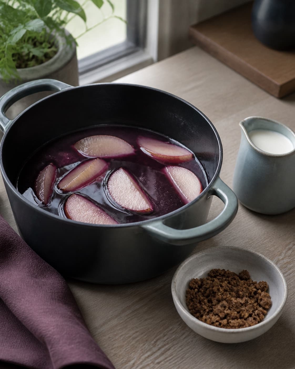 pærebåde pocheres møre i lidt dybviolet suppe ved siden af skål med helt tørt rugknas og fløde; kontroltegnet er pærerne er møre med fast kant, og knaset tilsættes først ved bordet