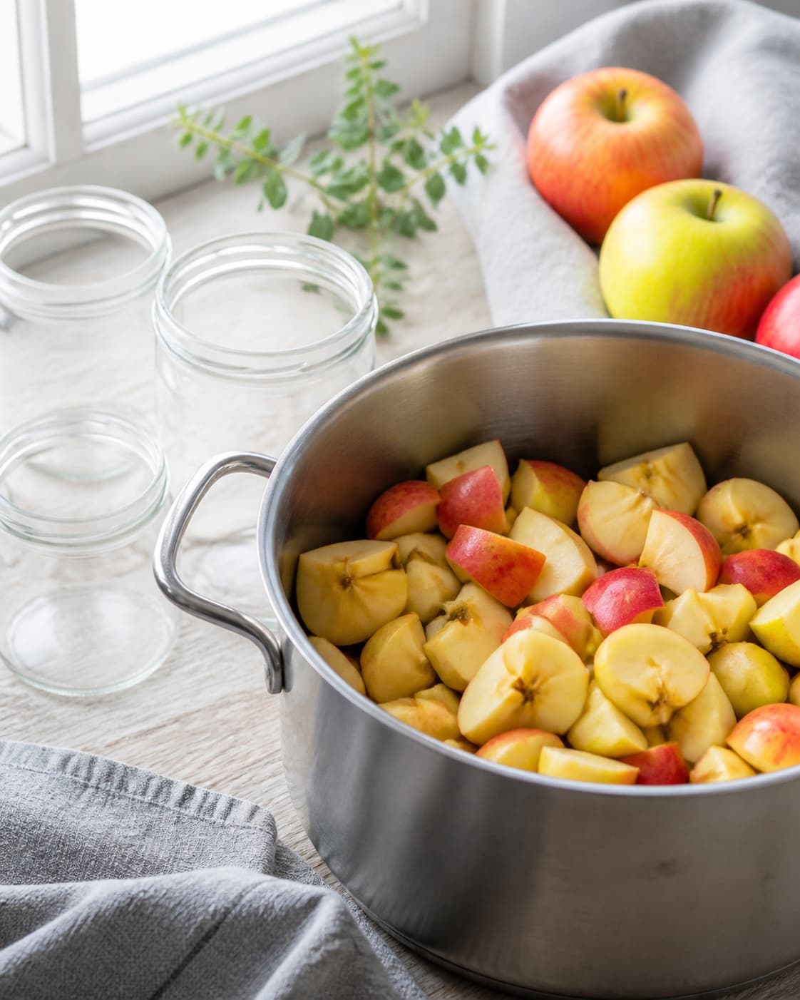 rene grove æblestykker med skræl og kernehus i stor gryde ved siden af klargjorte glas; kontroltegnet er æblestykkerne er rene og friske med skræl og kernehus bevaret