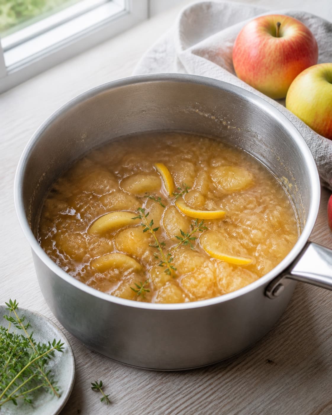 sammenfaldne æbler simrer i ravfarvet væske i stor gryde med citron og citrontimian; kontroltegnet er æblerne er helt møre og væsken er uklar ravfarvet