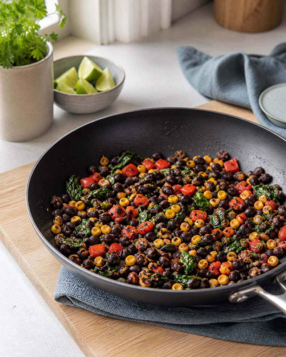 tørt quesadillafyld med sorte bønner, ristet majs, peberfrugt og netop sammenfalden spinat i pande; kontroltegnet er fyldet er tørt, sammenhængende og har både hele og let mosede bønner
