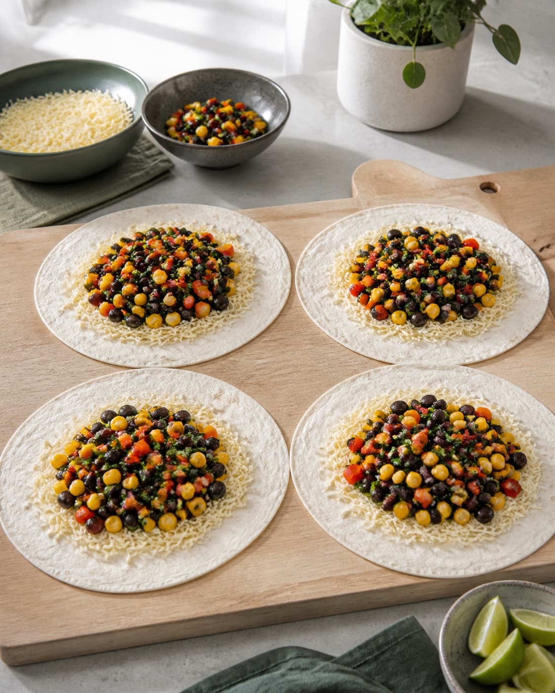 fire tortillas med tyndt ens lag ost og bønne-majsfyld samt tydelig fri kant før de lukkes; kontroltegnet er fyldet ligger ens og når ikke ud over den frie kant