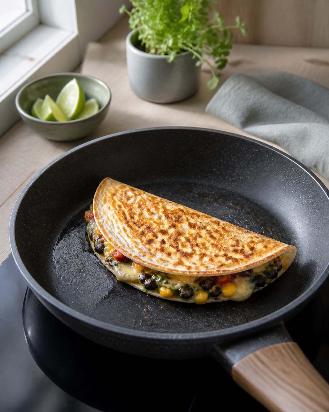 en gylden quesadilla steges sprød på begge sider i pande med smeltet ost synlig ved kanten før hvile; kontroltegnet er begge sider er sprøde gyldne, og osten binder fyldet uden kolde lommer