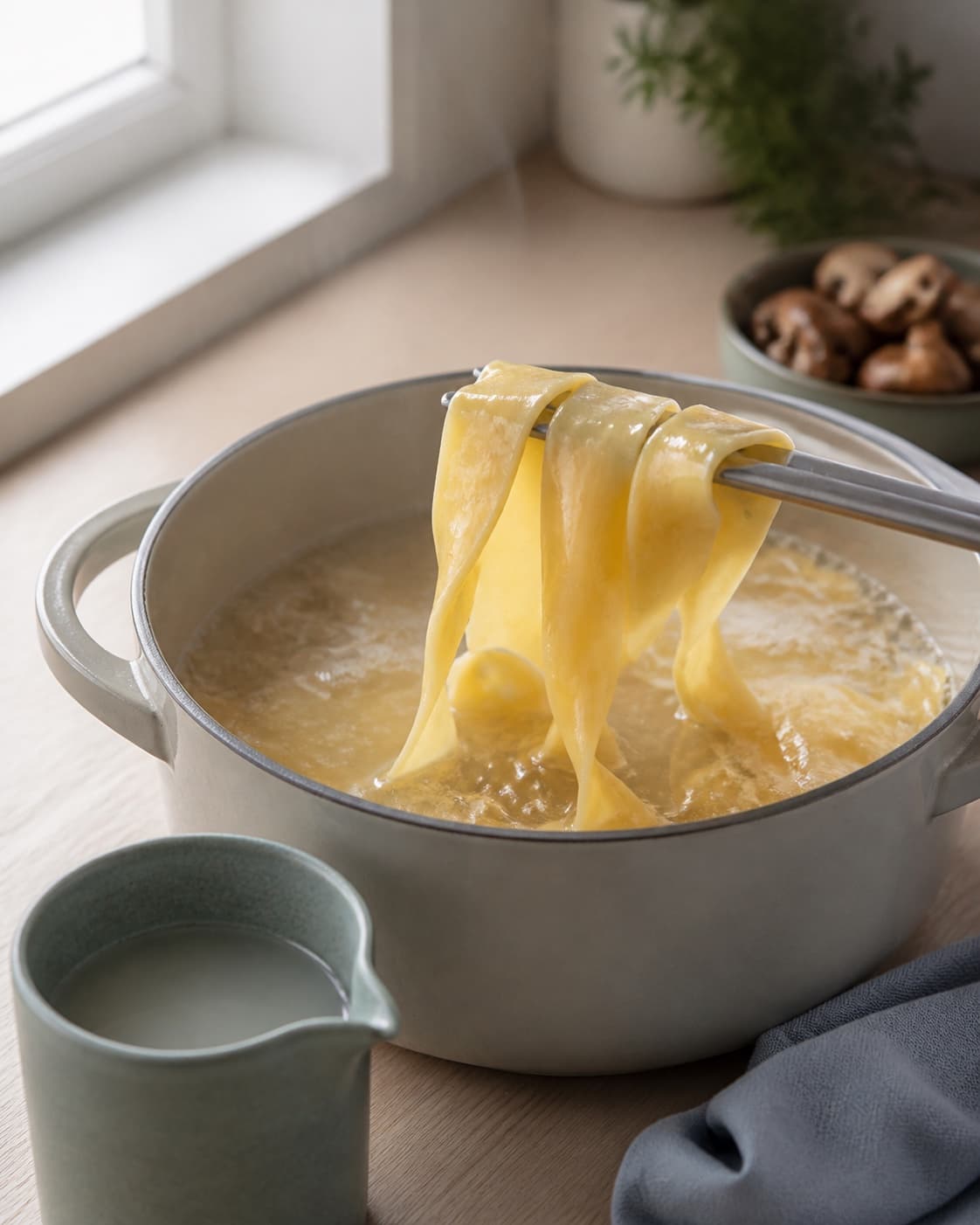 bred pappardelle løftes fra boblende gryde med fast blank overflade ved siden af en lille kande uklart pastavand; kontroltegnet er pastaen er bøjelig med en tydelig fast kerne og blank stivelsesoverflade