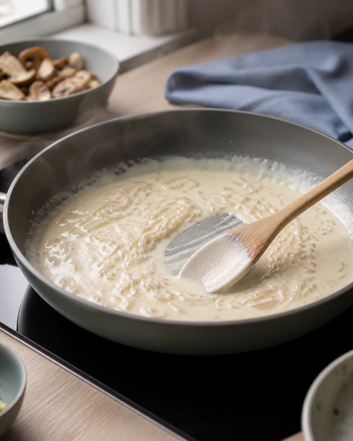 lys citronfri flødesauce småsimrer blankt i bred pande med bløde skalotteløg og et rent spor på træske; kontroltegnet er saucen dækker skeen tyndt, og der ligger ingen rå løgstykker eller frit fedt