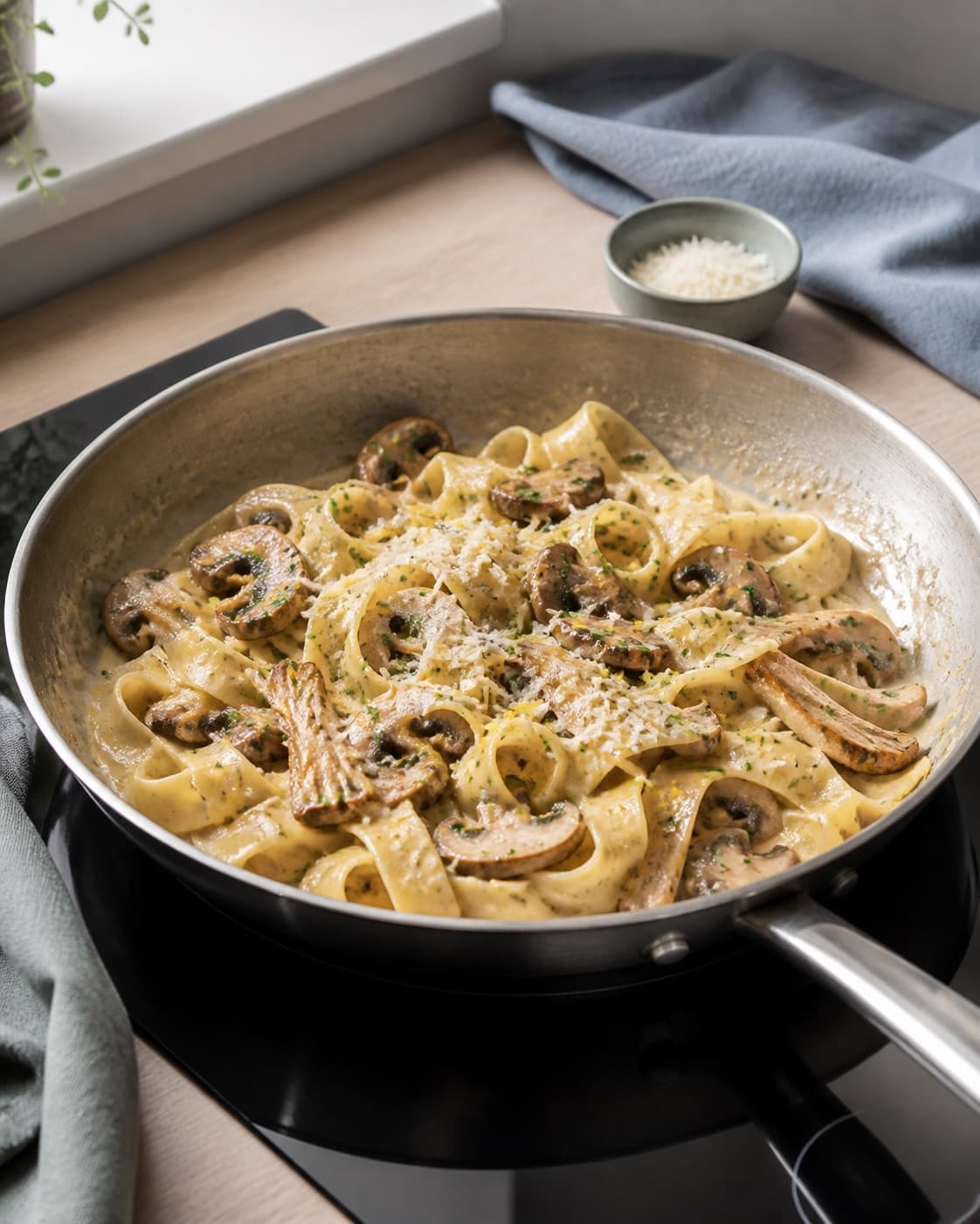 bred pasta og brunede svampe vendes i blank sauce i pande med fintrevet ost, citronzest og persille netop tilsat; kontroltegnet er saucen ligger som et blankt tyndt lag om hvert pastabånd uden væske i bunden
