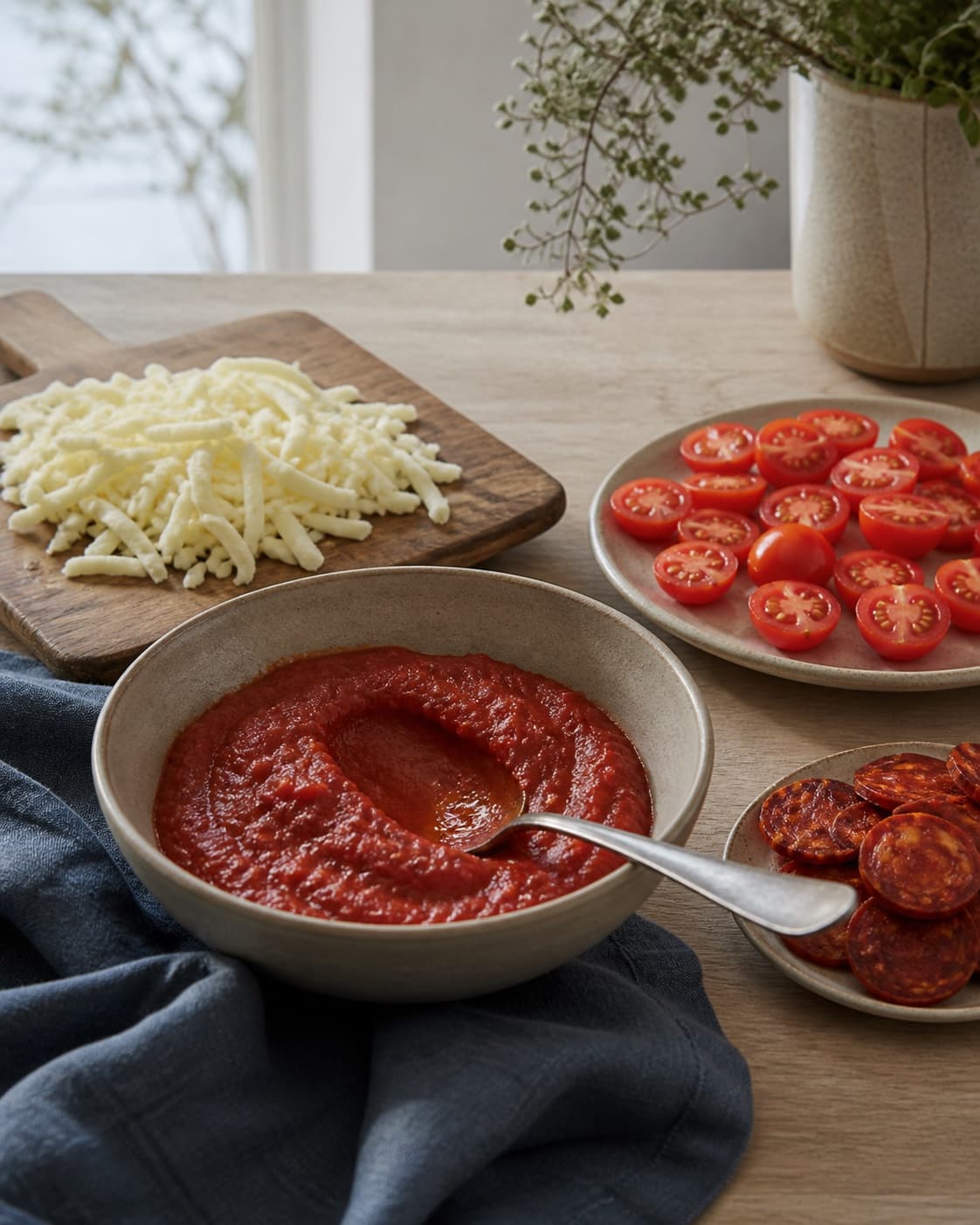 tyk afkølet tomatsauce med tydeligt ske-spor ved siden af tør mozzarella, halverede tomater og tynde chorizoskiver; kontroltegnet er saucen holder et spor fra skeen, og ost samt tomater efterlader ingen væske på klædet