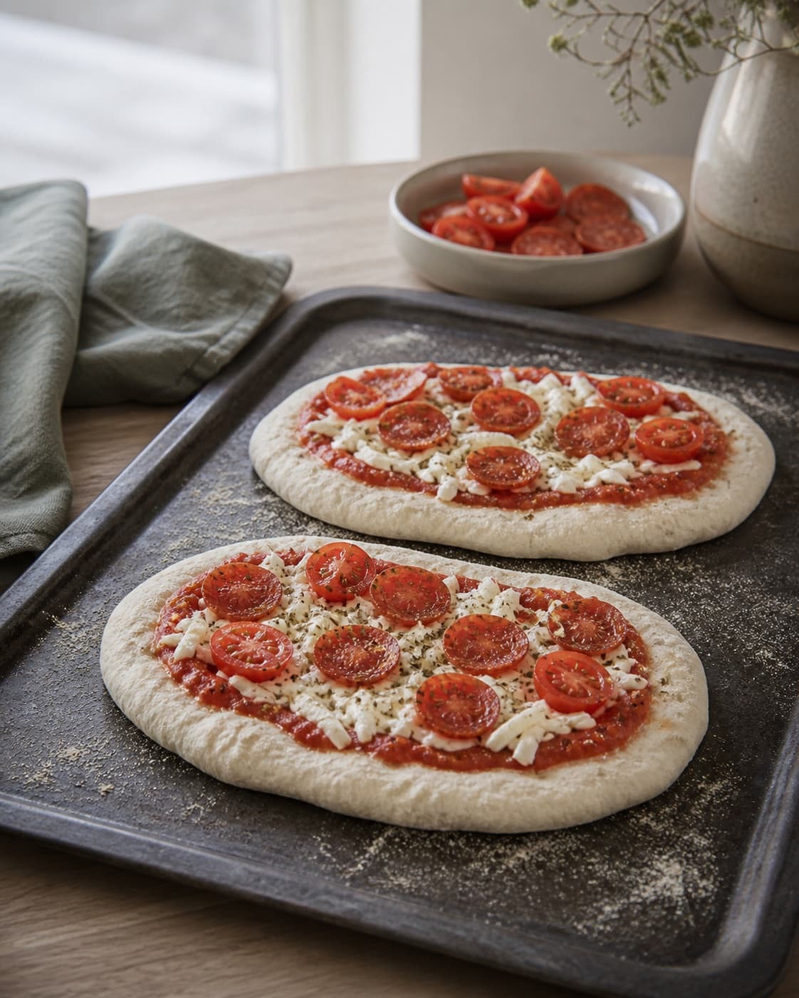to rå ovale mini-pizzabunde med tynd midte, luftig fri kant og et sparsomt lag tomat, mozzarella, chorizo og tomat; kontroltegnet er bundene har en tynd midte, synlig luftig kant og højst ét jævnt lag fyld