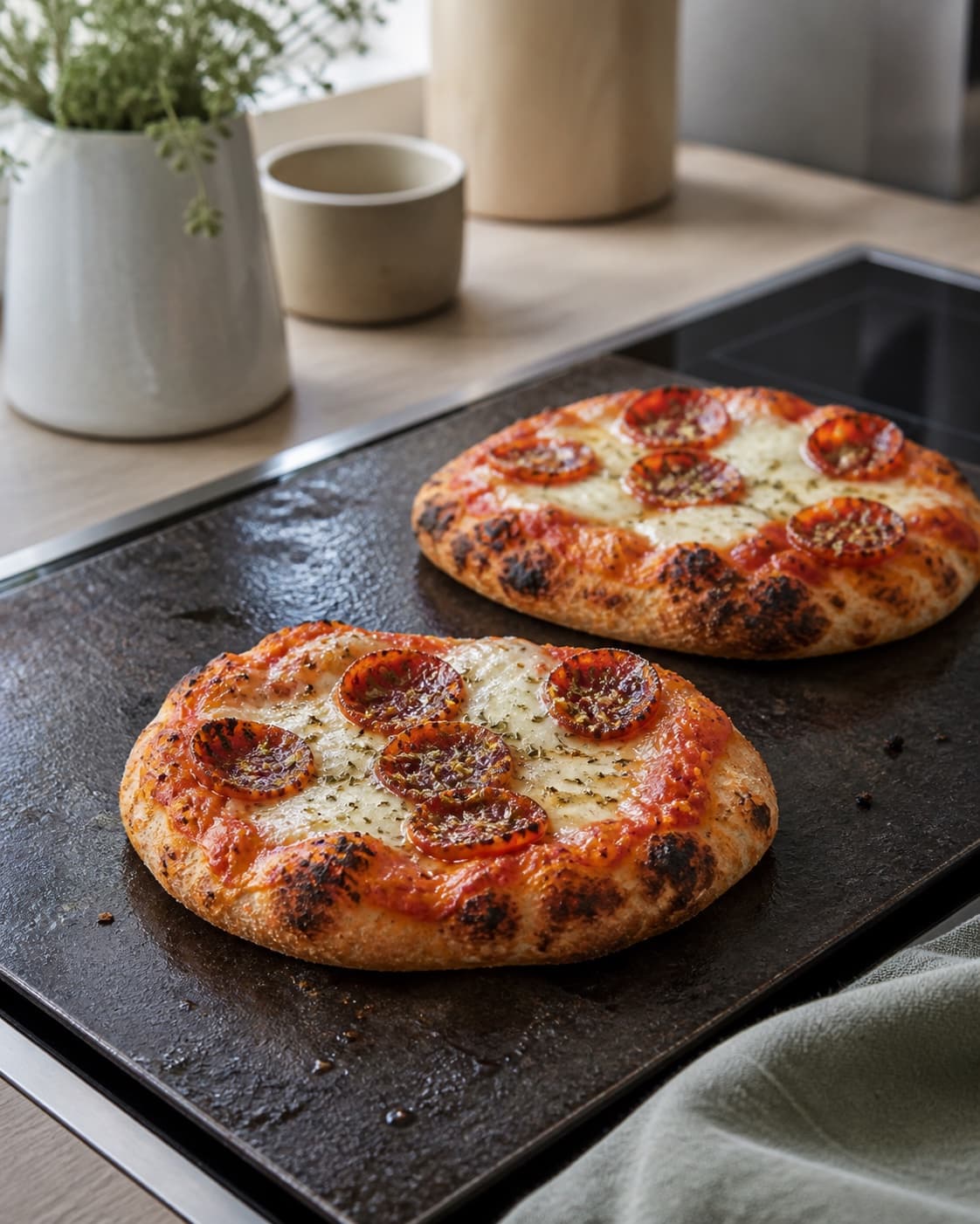 to mini-pizzaer bager på mørkt varmt stål med blisterede kanter, fast brun bund og boblende mozzarella; kontroltegnet er kanten er hævet med mørke blistre, bunden sprød og osten boblende uden våd midte