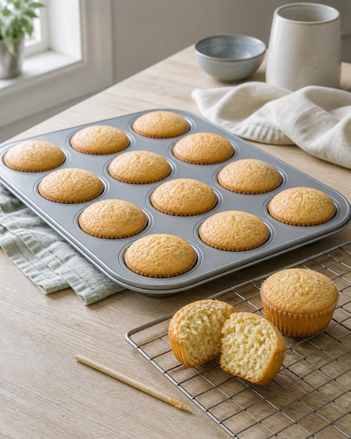 tolv gyldne kuplede marcipanmuffins på plade og rist med én åbnet muffin der viser sat fugtig krumme; kontroltegnet er muffinsene er jævnt gyldne og kuplede med sat, fugtig krumme uden rå dej