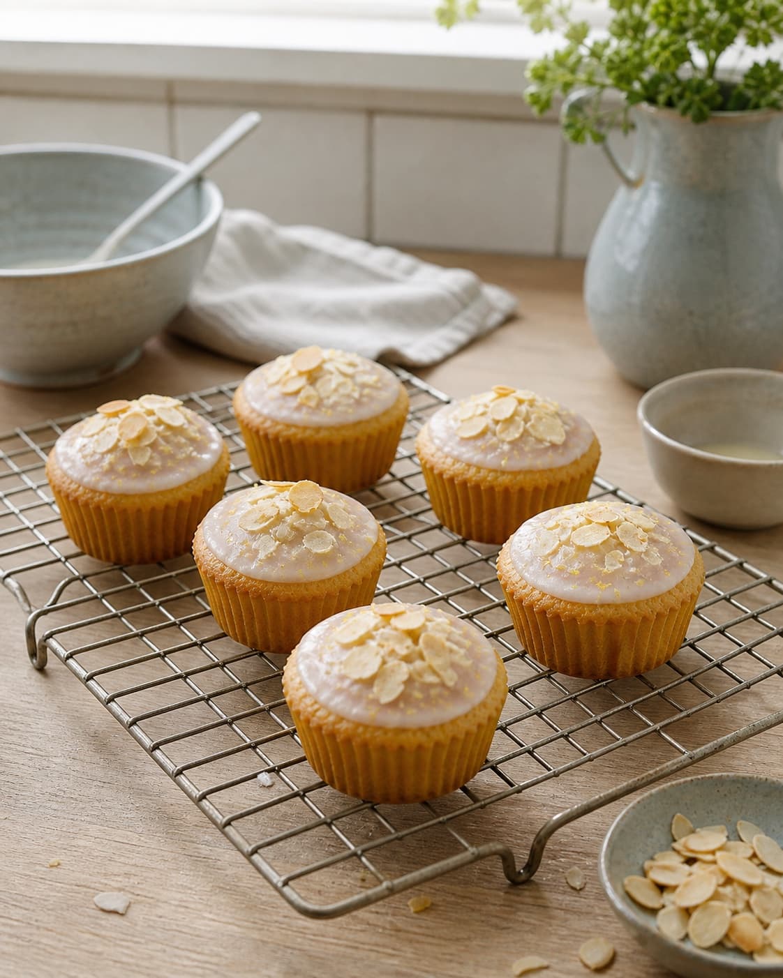 helt kolde marcipanmuffins får et lavt mat lag citron-skyrglasur og lyst ristede mandelflager på en rist; kontroltegnet er glasuren bliver liggende i et tyndt mat lag, og den kolde muffin forbliver fast
