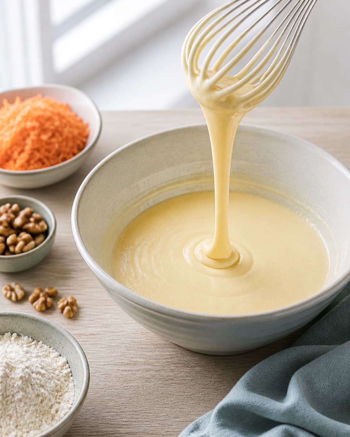 blank ravlys æg-farin-emulsion med olie og yoghurt der falder i et bredt bånd fra piskeris; kontroltegnet er massen løber i et bredt blankt bånd uden olieøer eller sukkerklumper