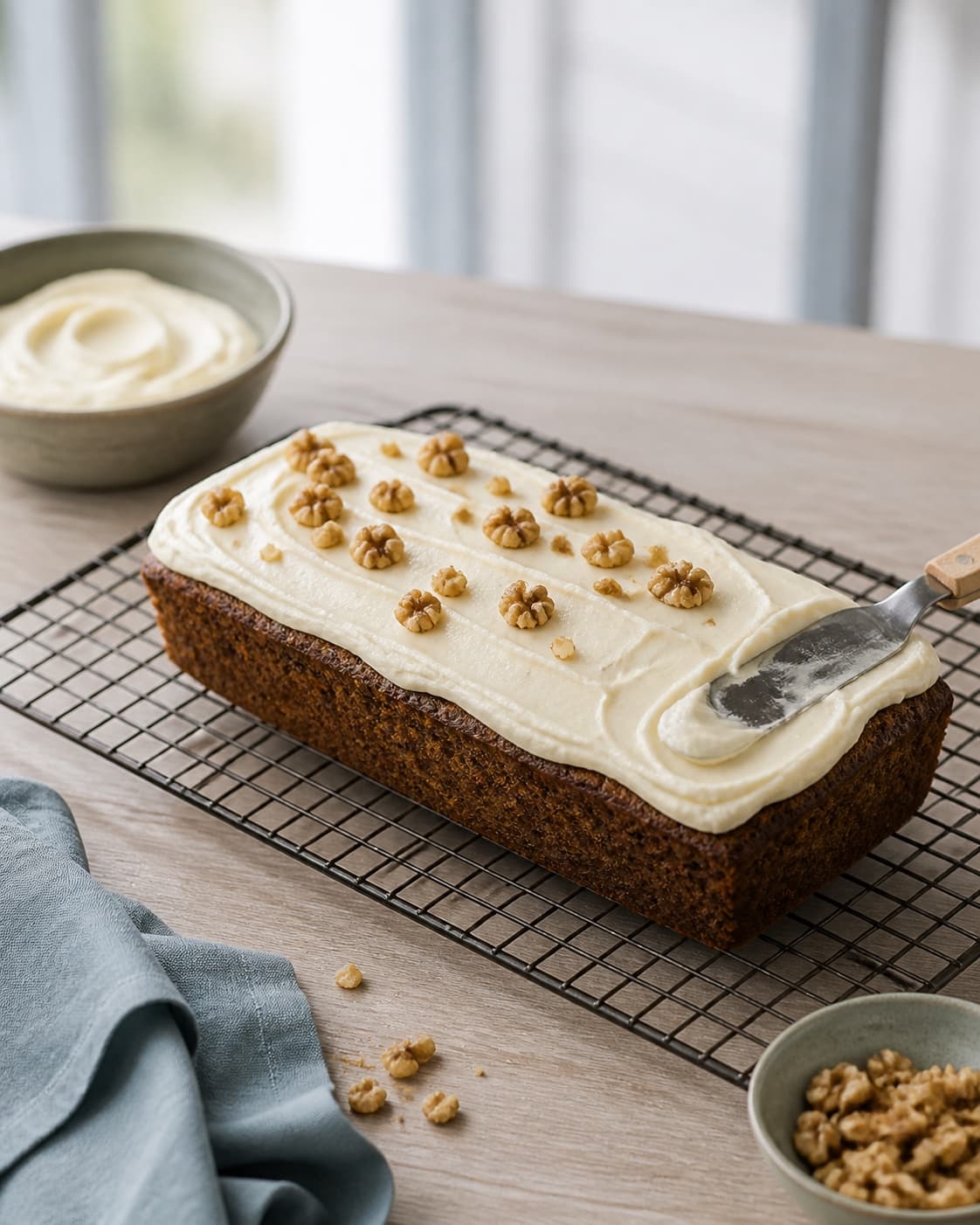 helt kold aflang gulerodskage får et tyndt stabilt lag citrus-flødeostcreme med bløde paletstrøg og valnødder; kontroltegnet er kagen er helt kold, og cremen holder bløde strøg uden at løbe eller blive grynet