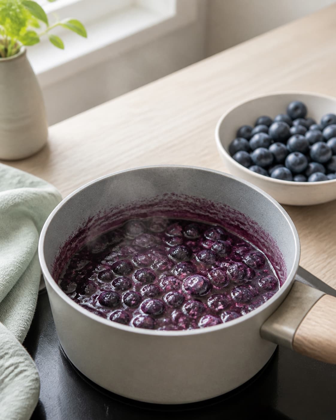 blank blåbærkompot småsimrer med bristede bær mens en skål hele friske blåbær venter ved siden af; kontroltegnet er kompotten er blank med både bristede bær, hele bær og en langsomt flydende saft