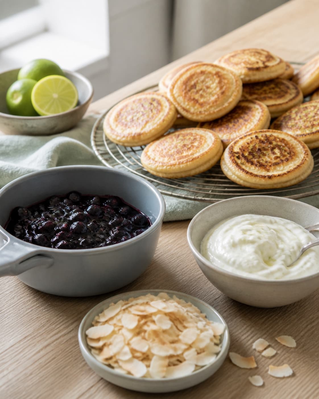varme små kokospandekager hviler på rist ved siden af blank blåbærkompot, lime-skyr og helt sprøde ristede kokoschips; kontroltegnet er pandekagerne er varme og luftige, mens kompotten er blank og kokoschipsene helt sprøde